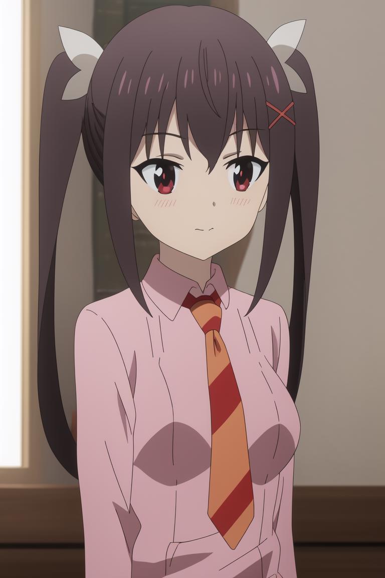 Anime girl with long hair and a tie standing in front of a window ...