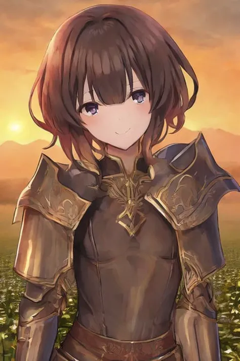 bangs, by sky-freedom, 1girl, solo, armor,  fantasy, smile, bold outlines, golden hour, fields of war, dark skies,  anatomy, upper body