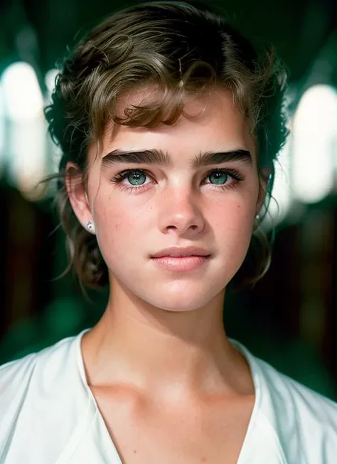 portrait of Brooke Shields, hopeful , wearing casual wear , with white Pixie cut , background haunted library epic (photo, studio lighting, hard light, sony a7, 50 mm, matte skin, pores, colors, hyperdetailed, hyperrealistic), <lyco:Brooke Shields:1.1>