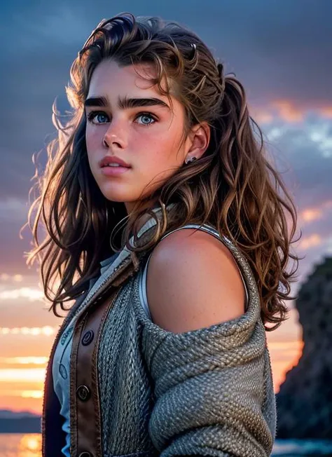 portrait of person, loving , wearing custom-made , with silver Choppy layers , background sunset epic (photo, studio lighting, hard light, sony a7, 50 mm, matte skin, pores, colors, hyperdetailed, hyperrealistic), <lyco:Brooke Shields:1.1>