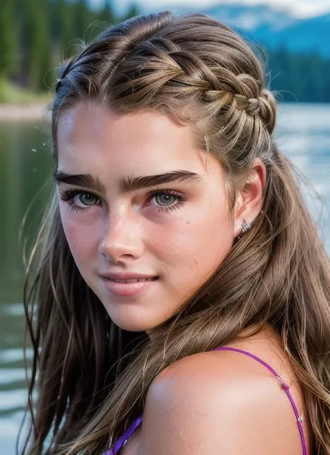 portrait of Brooke Shields, happy , wearing mini dress , with light brown Side braid , background lake epic (photo, studio lighting, hard light, sony a7, 50 mm, matte skin, pores, colors, hyperdetailed, hyperrealistic), <lyco:Brooke Shields:1.1>