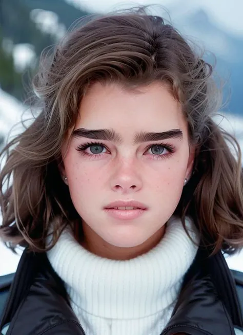 portrait of Brooke Shields, guilty , wearing outerwear , with white Lob (long bob) , background mountain epic (photo, studio lighting, hard light, sony a7, 50 mm, matte skin, pores, colors, hyperdetailed, hyperrealistic), <lyco:Brooke Shields:1.1>