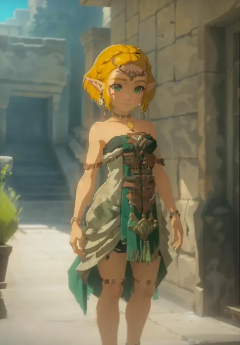 <lora:zeldatotk:0.9>,zeldatotk,1girl,smile,cel shading,full body in view,green eyes