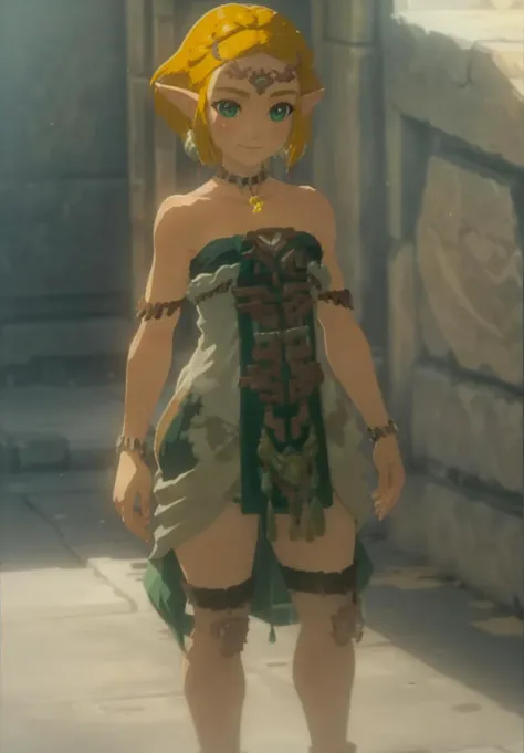 <lora:zeldatotk:0.9>,zeldatotk,1girl,smile,cel shading,full body in view,green eyes