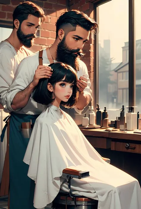 (masterpiece, best quality), 1girl, <lora:girllikeretrobarbershop:0.8> (((half body))), (((closeup))), ((retro barbershop)), ((two people)), ((a standing man with a beard in apron holds a mini comb to combing)), ((a girl in white cloth sits on swivel stool)), window, mirror, portrait poster, faded red brick wall,