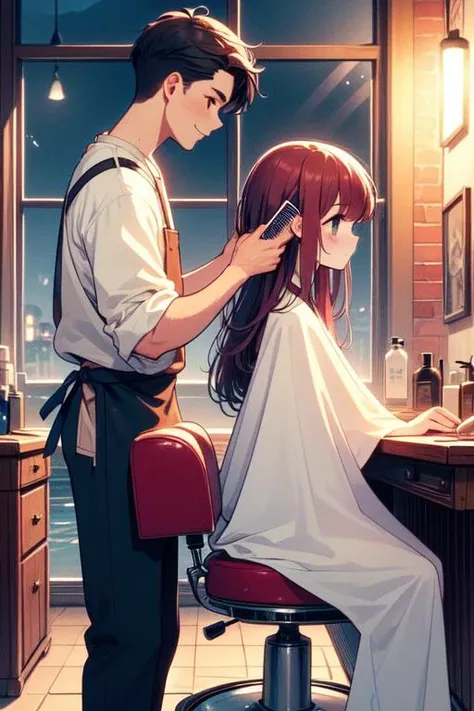 (((masterpiece))), (((best quality))), (((from side))), (((half body))), (((closeup))), ((retro barbershop)), ((two people)), ((a standing young man with in apron holds a mini comb to combing)), ((a girl in white cloth sits on swivel stool)), window, mirror, portrait poster, faded red brick wall, auburn hair, longhair, shy, blush, smile, big tits, petite figure, ((night)), (((twilight))),<lora:girllikeretrobarbershop:1>