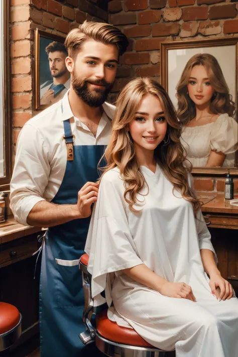 closeup, retro barbershop,two people, man with a beard,apron, holding comb, combing, girl in white cloth, sitting on swivel stool, window, mirror, portrait poster, faded red brick wall,high quality, masterpiece,<lora:girllikeretrobarbershop:.8>
 <lora:EB:.7>, long blonde hair, blue eyes, smiling, teeth, blush,