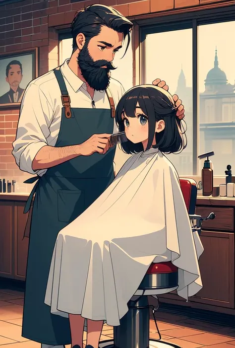 (masterpiece, best quality), 1girl, <lora:girllikeretrobarbershop:0.8> (((half body))), (((closeup))), ((retro barbershop)), ((two people)), ((a standing man with a beard in apron holds a mini comb to combing)), ((a girl in white cloth sits on swivel stool)), window, mirror, portrait poster, faded red brick wall,
