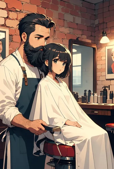 (masterpiece, best quality), 1girl, <lora:girllikeretrobarbershop:0.8> (((half body))), (((closeup))), ((retro barbershop)), ((two people)), ((a standing man with a beard in apron holds a mini comb to combing)), ((a girl in white cloth sits on swivel stool)), window, mirror, portrait poster, faded red brick wall,