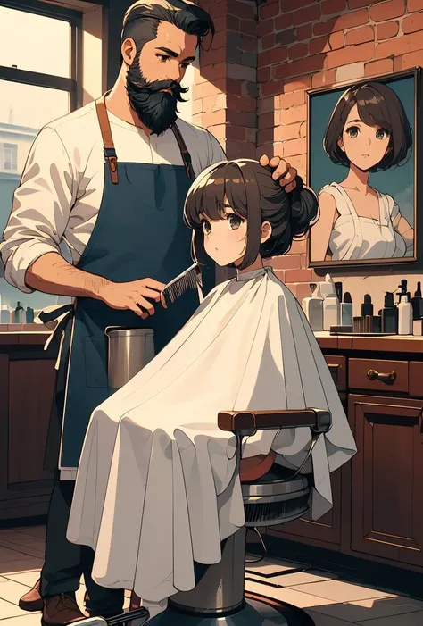 (masterpiece, best quality), 1girl, <lora:girllikeretrobarbershop:0.8> (((half body))), (((closeup))), ((retro barbershop)), ((two people)), ((a standing man with a beard in apron holds a mini comb to combing)), ((a girl in white cloth sits on swivel stool)), window, mirror, portrait poster, faded red brick wall,