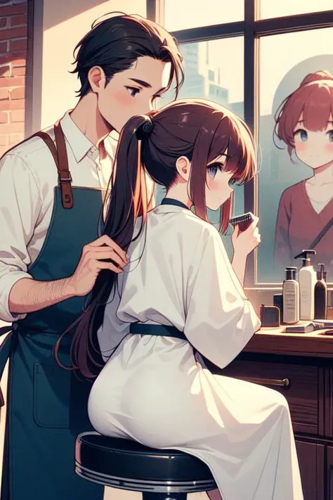 (((masterpiece))), (((best quality))), (((from behind))), (((half body))), (((closeup))), ((retro barbershop)), ((two people)), ((a standing young ponytail man with in apron holds a mini comb to combing)), ((a girl in white cloth sits on swivel stool)), window, mirror, portrait poster, faded red brick wall, auburn hair, longhair, shy, blush, smile, big tits, petite figure, ((night)), (((twilight))),<lora:girllikeretrobarbershop:1>