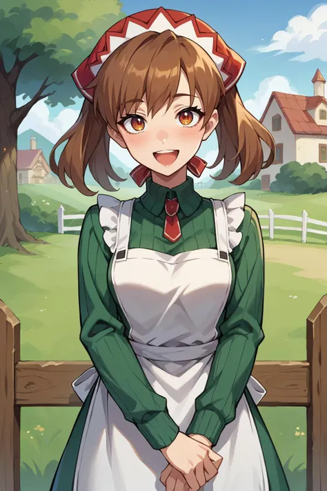 score_9, score_8_up, score_7_up, score_6_up, source_anime, BREAK 1girl, solo  <lora:vcalicia-pdxl-nvwls-v1-000006:1> vcAlicia, headdress, green sweater, white apron, fence, house, village, looking at you, happy