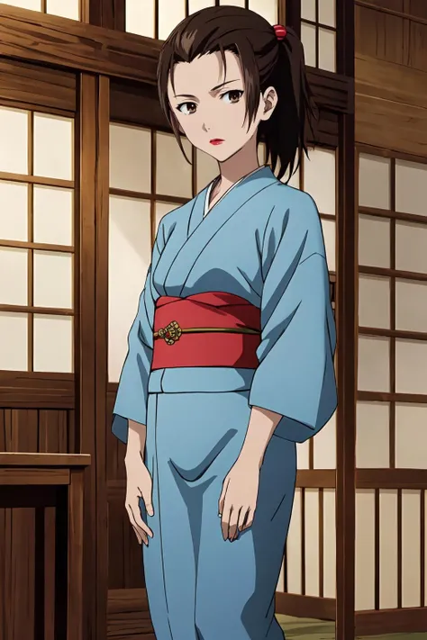 (masterpiece, best quality:1.2), highres, anime screencap, anime coloring, 1girl, solo, expressionless,
Mrs_Nakagami, brown hair, short hair, short ponytail, parted bangs, bangs, forehead, brown eyes, hair ornament, small breasts, makeup, lips, lipstick,
japanese clothes, blue clothes, kimono, obi, sash,
standing,
indoors, japanese room, looking at viewer,
<lora:add_detail_CyberAlchemist:0.4>, <lora:GoodHands-beta2:0.8>, <lora:MrsNakagami-000010:1>