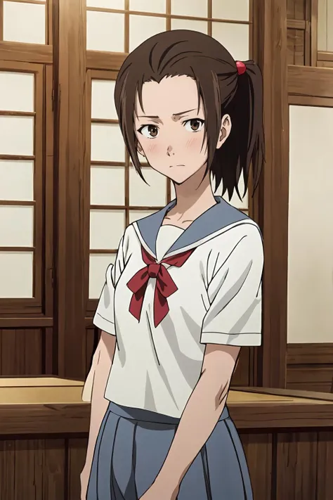 (masterpiece, best quality:1.2), highres, anime screencap, anime coloring, 1girl, solo, embarrassed, blush, 
Mrs_Nakagami, mature female, adult woman, brown hair, short hair, short ponytail, parted bangs, bangs, forehead, brown eyes, hair ornament, small breasts, 
school uniform, serafuku, blue sailor collar, white shirt, short sleeves, blue skirt, pleated skirt, 
standing, 
indoors, japanese room, looking at viewer, 
<lora:add_detail_CyberAlchemist:0.4>, <lora:GoodHands-beta2:0.8>, <lora:MrsNakagami-000010:1>