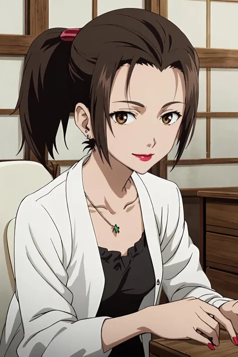 (masterpiece, best quality:1.2), highres, anime screencap, anime coloring, 1girl, solo, seductive smile,
Mrs_Nakagami, mature female, brown hair, short hair, short ponytail, parted bangs, bangs, forehead, brown eyes, hair ornament, small breasts, makeup, lips, lipstick, necklace, earrings, jewelry,
white jacket, formal, open jacket, black shirt, collarbone, cleavage,
indoors, wooden chair, looking at viewer,
<lora:add_detail_CyberAlchemist:0.4>, <lora:GoodHands-beta2:0.8>, <lora:MrsNakagami-000010:1>