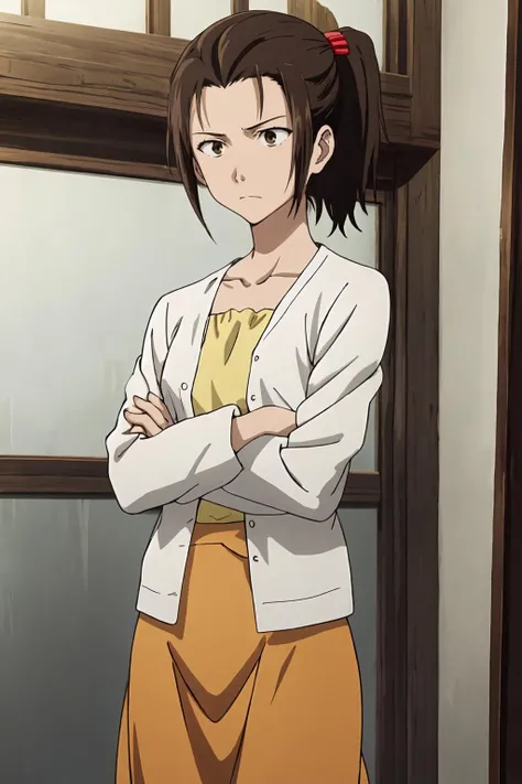 (masterpiece, best quality:1.2), highres, anime screencap, anime coloring, 1girl, solo, frown,
Mrs_Nakagami, brown hair, short hair, short ponytail, parted bangs, bangs, forehead, brown eyes, hair ornament,
white jacket, open jacket, long sleeves, yellow shirt, collarbone, orange skirt, long skirt,
standing, crossed arms,
indoors,
<lora:add_detail_CyberAlchemist:0.4>, <lora:GoodHands-beta2:0.8>, <lora:MrsNakagami-000010:1>