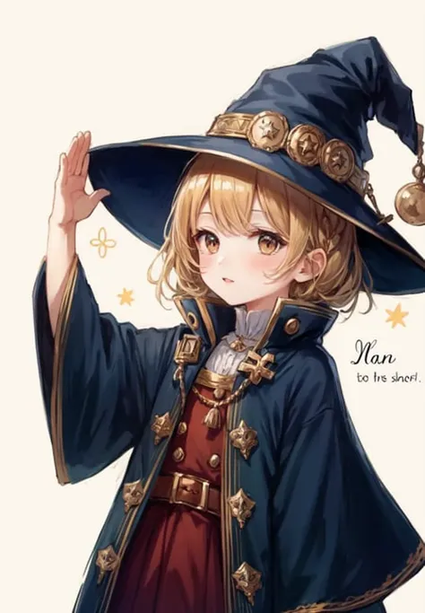 cute chibi 1girl, salute, wizard, big hat, hand drawn style