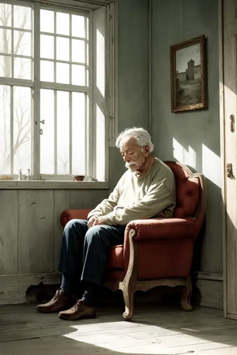 old weathered man, old house, closed eyes, sitting in comfy armchair, cold and barren, lifeless, bleak