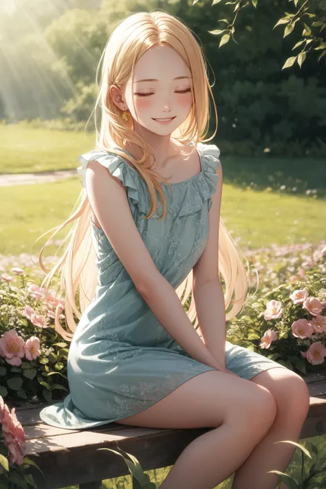 nordic young woman, cute face, calm smile, closed eyes, translucent summer dress, golden hour, reflections, detailed textures, long braded hair, sitting on flowers outside, posing, casual pose, aesthetic, intricate, caustics, light rays, sunlight