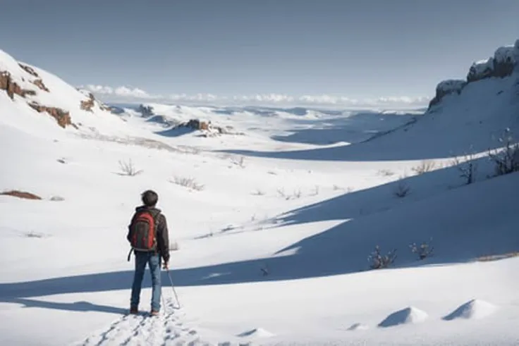 young man, adventurer, backpack, from behind, cowboy_shot BREAK cold and barren, lifeless, bleak, snowfield BREAK hand drawn style