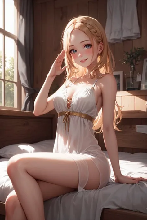 nordic young woman, cute face, seductive smile, one hand salute, translucent summer dress, golden hour, detailed textures, long braded hair, sitting on bed, posing, casual pose, wooden cottage, interior, [blush], aesthetic, intricate, caustics, light rays, sunlight