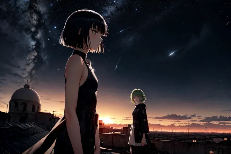 2girls, ruined city, sunset, on rooftop, night, stars, 
AND 2girls, ruined city, sunset, on rooftop, night, stars, fubuki \(one-punch man\), black hair, short hair, 
AND 2girls, ruined city, sunset, on rooftop, night, stars, tatsumaki, green hair,, detailed background, masterpiece, best quality,