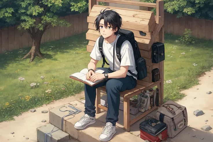 young man, adventurer, backpack, sitting in chair BREAK 80's anime style, hand drawn style, illustration, beautiful digital art, isometric
<lora:isometricLocon_v10:1>