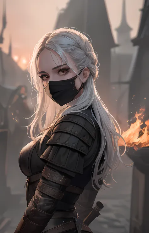 masterpiece, best quality, (extremely detailed CG unity 8k wallpaper, masterpiece, best quality, ultra-detailed, best shadow), (detailed background), (beautiful detailed face, beautiful detailed eyes), High contrast, (best illumination, an extremely delicate and beautiful),1 girl, (black mask), eyes burning with fire, ((blood on clothes)), survival, fear, fire, ((mask covers mouth)), (the witcher's style), (gloomy background)