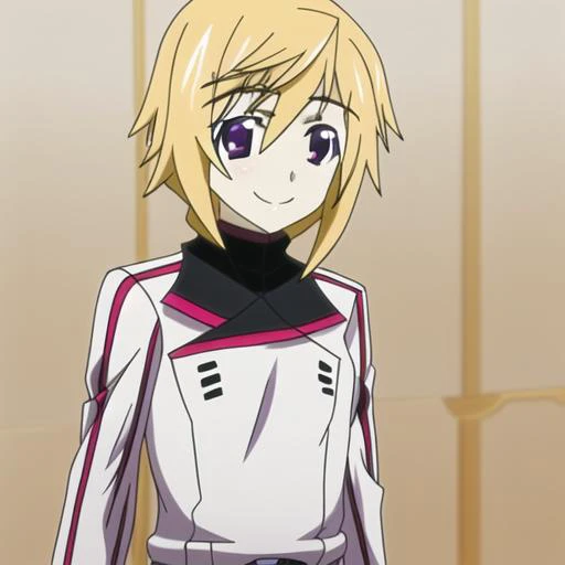 2010s (style), year 2010, anime_art_style, cartoon, infinite stratos, charles dunois, tomboy, crossdressing, blonde hair, solo, 1girl, purple eyes, uniform, smile, belt, school uniform, upper body