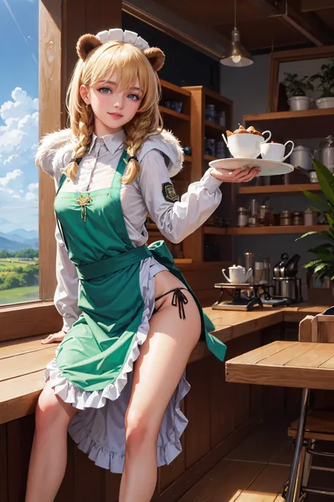 masterpiece, best quality, friggadef, side braids, hood, fur trim, maid headdress, frills, green apron, long sleeves, mechanical hands, side-tie panties, pelvic curtain, (small breasts:1.6), blonde hair, medium hair, blue eyes, bear ears, sitting, looking at viewer, smile, cafe <lora:frigga_lastorigin_v1:0.9>