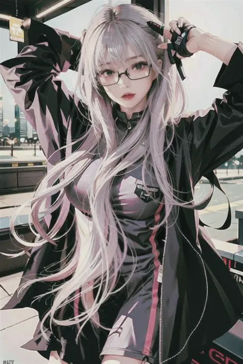 photorealistic,realistic, photorealistic, best quality, ultra high res, 1 Girl, ((Half Body)), (long grey hair),black jacket, glasses, small breast,holding katana,night city, <lora:koreandolllikeness_V10:0.8>