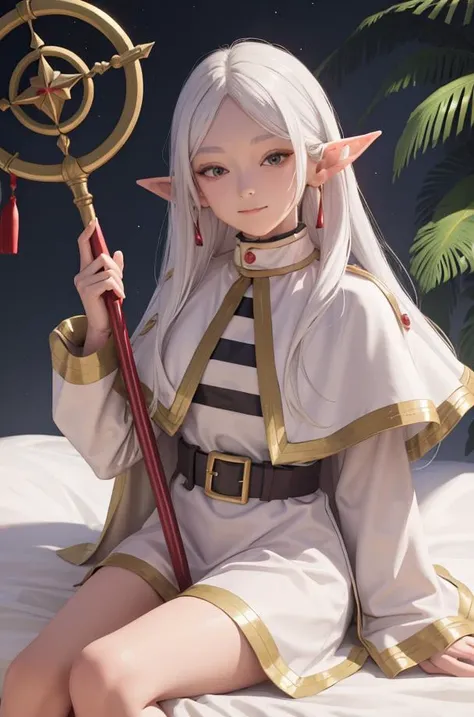 1girl, belt, capelet, closed mouth, earrings, elf, flower, frieren, holding, holding staff, jewelry, light rays, long hair, long sleeves, looking at viewer, on bed, outdoors, parted bangs, pointy ears, ribs, ring, shirt, smile, solo, wagashi, white capelet, white dress <lora:frieren-10:1>,
sexy pose, chinese clothes, dress, \