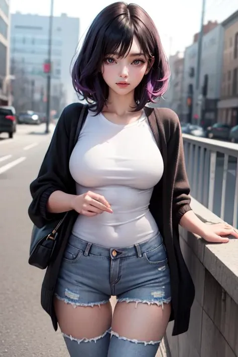 photography, medium hair layered cut,thigh gap, medium_big breasts, girl frend, neat short_sleeves,black_long_jeans, grey cardigan, purple_bridge dye:half,