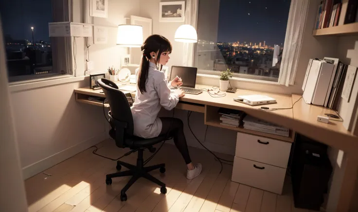 best quality, masterpiece,interior,bedroom,computer_on_desk,1girl wearing earphone,full_body,(night)