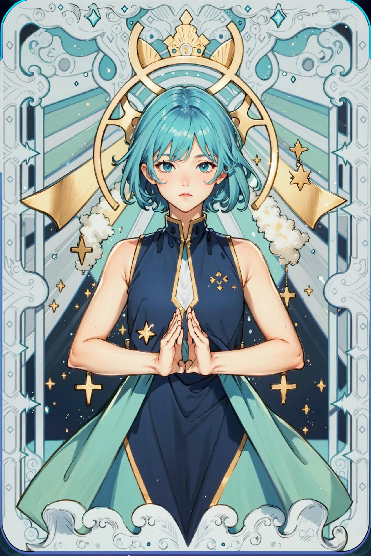 tarot,Hands together,vulcan salute,Attention, halo behind head,<lora:animeTarotCardArtStyleLora_v20Offset:0.8>
