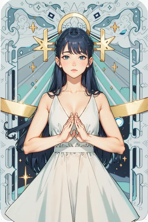 tarot,Hands together,vulcan salute,Attention, halo behind head,<lora:animeTarotCardArtStyleLora_v20Offset:0.8>