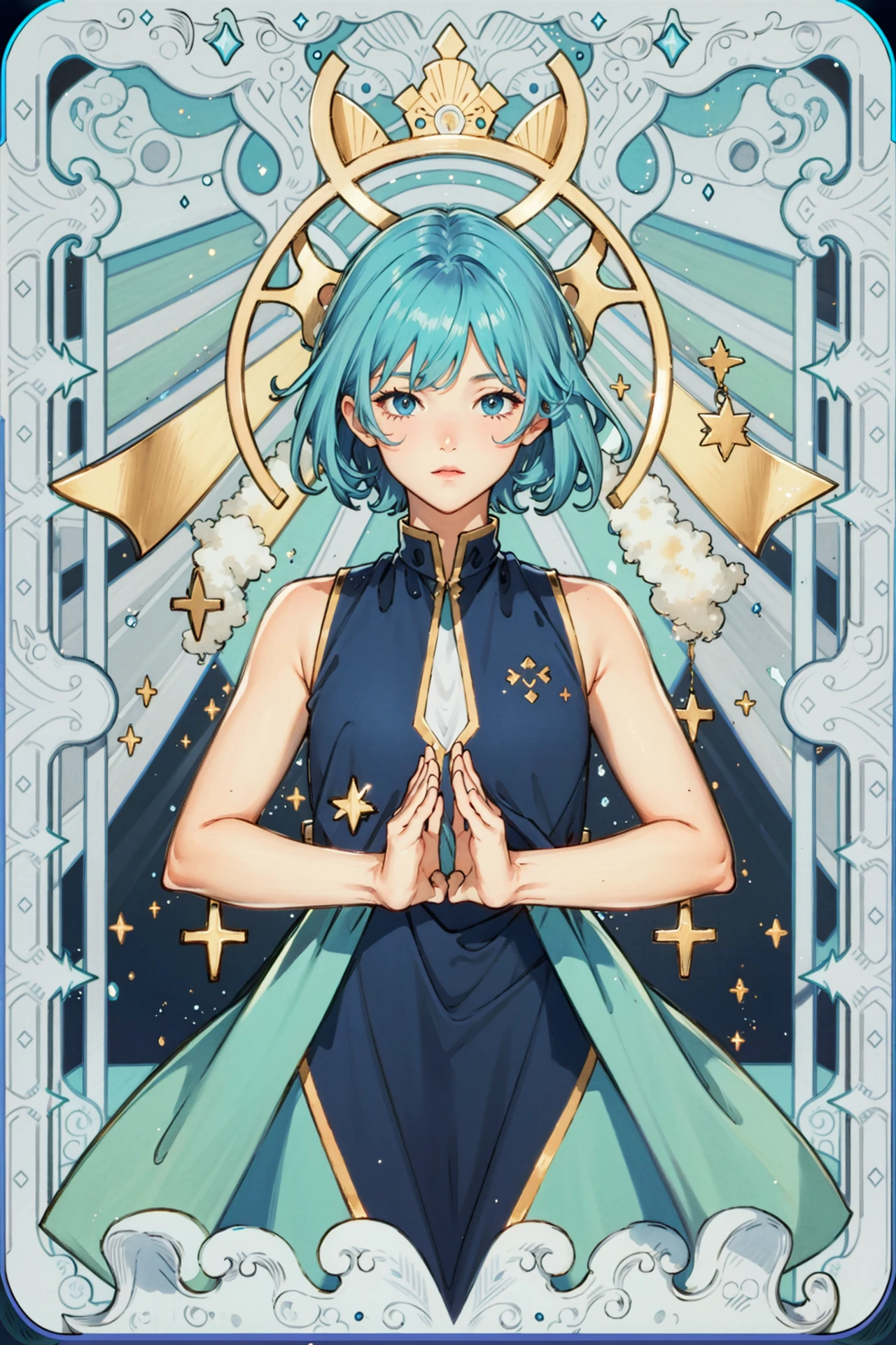 tarot,Hands together,vulcan salute,Attention, halo behind head,<lora:animeTarotCardArtStyleLora_v20Offset:0.8>