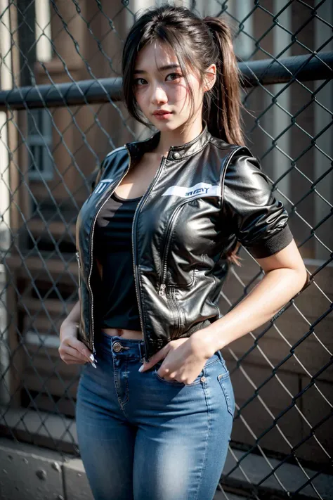 (realistic:1.3), finely detailed, quality, rembrandt lighting, (masterpiece:1.2), (photorealistic:1.2), (best quality), (detailed skin:1.3), (intricate details), dramatic, ray tracing, 1girl, japanese girl, 21 years old, detailed skin texture, (blush:0.5), (goosebumps:0.5), subsurface scattering, smiling, medium breasts, low ponytail hair, bangs, hair between eyes, sports jacket, t-shirt, jeans, (chain-link fence:1.2), angle shot, cowboy shot, (bright sunny day, on skyscraper, cityscape, sky), <lora:chain-link fence_v1.05:1>