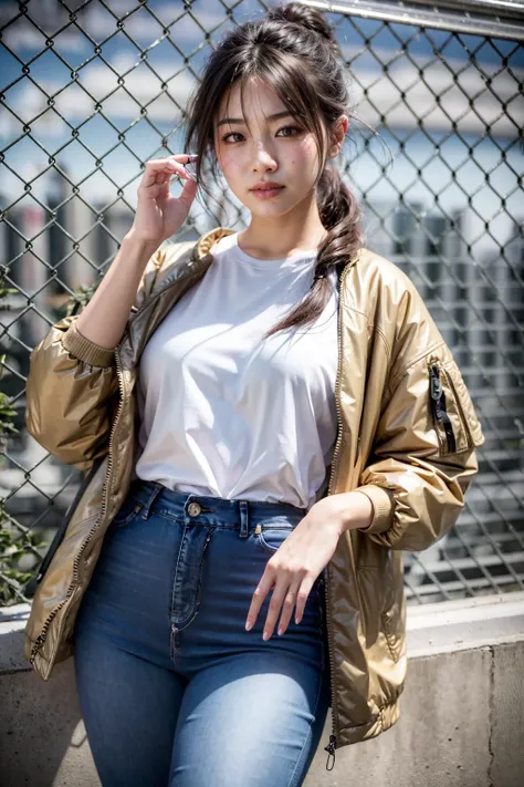 (realistic:1.3), finely detailed, quality, rembrandt lighting, (masterpiece:1.2), (photorealistic:1.2), (best quality), (detailed skin:1.3), (intricate details), dramatic, ray tracing, 1girl, japanese girl, 21 years old, detailed skin texture, (blush:0.5), (goosebumps:0.5), subsurface scattering, smiling, medium breasts, low ponytail hair, bangs, hair between eyes, sports jacket, t-shirt, jeans, (chain-link fence:1.2), angle shot, cowboy shot, (bright sunny day, on skyscraper, cityscape, sky), <lora:chain-link fence_v1.05:1>