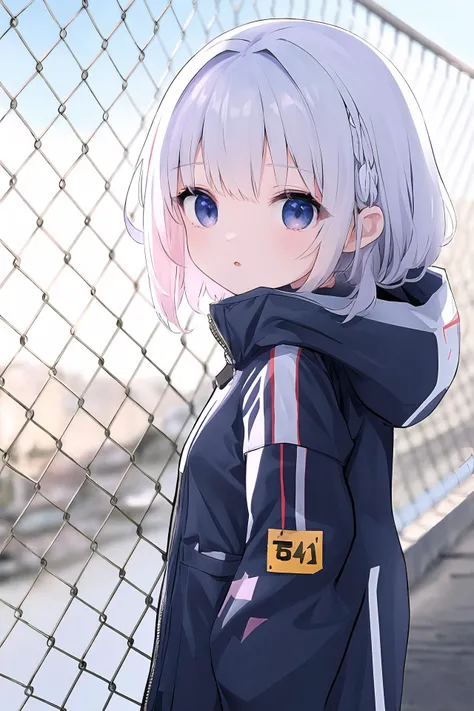 (best quality, masterpiece, highres),1girl,solo,hair over shoulder,hair accessory,down_jacket,cropped,wind,
<lora:chain-link fence_v1.05:1>,chain-link fence,angle shot,