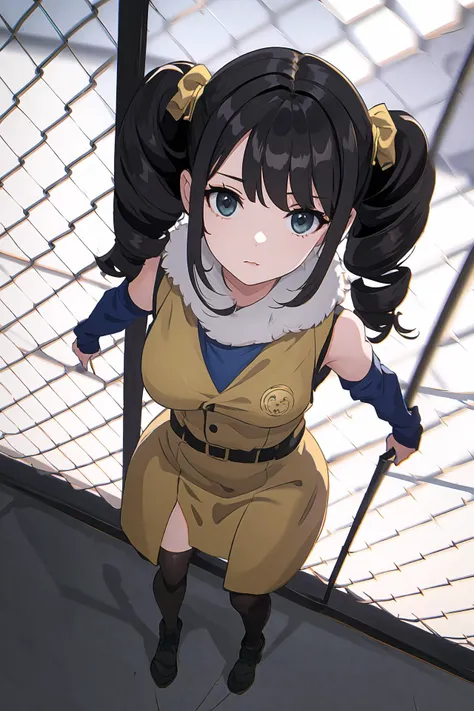 (best quality, masterpiece, highres),1girl,solo,quad drills,fur vest,pelvic_curtain,from above,
<lora:chain-link fence_v1.05:1>,chain-link fence,