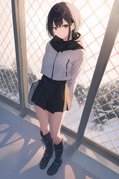 (best quality, masterpiece, highres),1girl,solo,undercut,winter boots,pelvic_curtain,18mm,
<lora:chain-link fence_v1.05:1>,chain-link fence,angle shot,