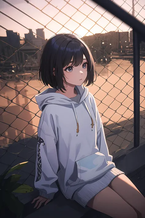 (best quality, masterpiece, highres),1girl,solo,frog cut men's hair,hoodie,aran_sweater,atmospheric perspective,tamron sp 70mm,
<lora:chain-link fence_v1.05:1>,chain-link fence,angle shot,
