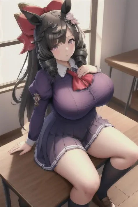 3d, Colourful, A beautiful young woman, with ((huge breasts)), 4K, 8K, highly detailed, school uniform, daiichi_ruby, horse ears, horse girl, animal ears, hair ornament, black hair, horse tail, drill hair, hair flower, hair bow,  spread legs on desk, embedding:easynegative <lora:epiNoiseoffset_v2:1> <lora:daiichi_ruby:1>