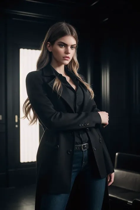 photo of S4r4Cr0c3_HM-135, a woman, perfect hair, (modern photo), wearing black jeans, black button-up shirt, wool coat, 28mm standard (analog, cinematic, film grain:1.3), VR Battle Arena, Immersive arena with hyper-realistic simulations, futuristic weapons, and intense action., detailed eyes, professional pose, (epiCPhoto), (looking at viewer:1.1), (cinematic shot:1.3), (Rembrandt style lighting), OverallDetail