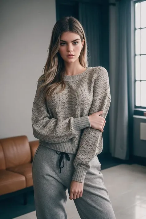 photo of S4r4Cr0c3_HM-135, a woman, perfect hair, (modern photo), wearing long sweater and slacks, 85mm short telephoto (analog, cinematic, film grain:1.3), Rover Repair Station, Facility for Mars rover maintenance, diagnostics, spare parts, and testing., detailed eyes, professional pose, (epiCPhoto), (looking at viewer:1.1), (cinematic shot:1.3), (hard style lighting), OverallDetail