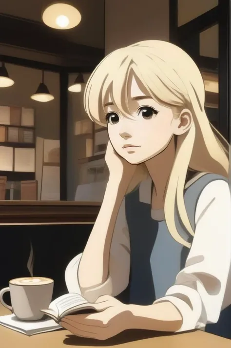 A young woman, blonde hair, sitting at a table in a coffee shop, reading a book, looking intrigued, anime,