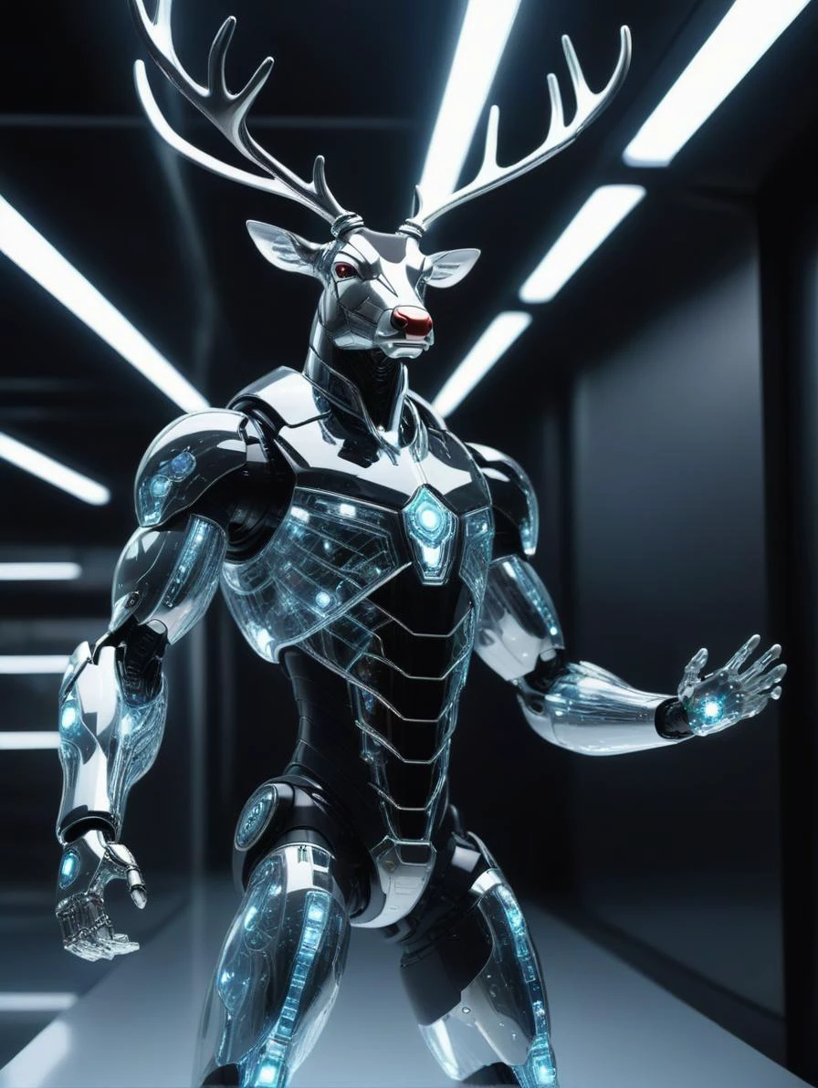 sci-fi style, SFW, masterpiece, ultra realistic, beautiful, highly detail, full body, solo, (a humanoid robot Raging Reindeer), reindeer antlers, glass, transparent, translucent, Perfect Hands, glowing eyes, red nose, Broad-shouldered body, (Christmas lights around body), angry, __WC-SDVN/2000Wildcards/Dynamic Pose, {Fighting With Weapon|casting Magic|shooting Gun}/Tags__ , dynamic angle, (indoor), (in a Christmas themed space station), (in winter), (snowy:1.25), intense shadows, depth of field, blurry background, long shot <lora:add-detail-xl:0.5> <lora:perfect hands 2:1> <lora:f412glassXL:1> , futuristic, technological, space themes, advanced civilizations