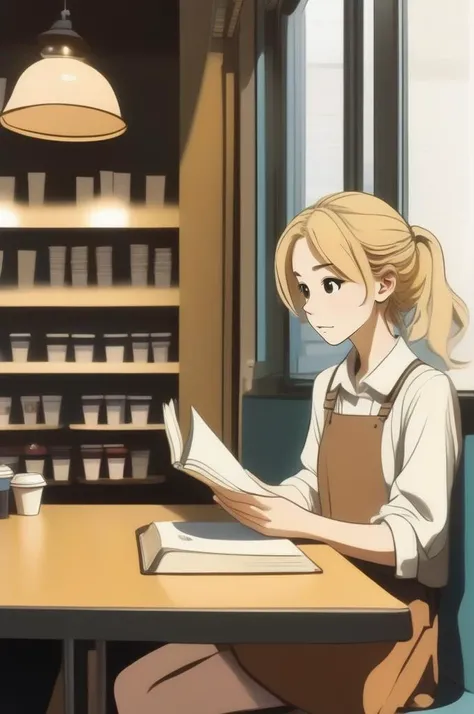 A young woman, blonde hair, sitting at a table in a coffee shop, reading a book, looking intrigued, anime,