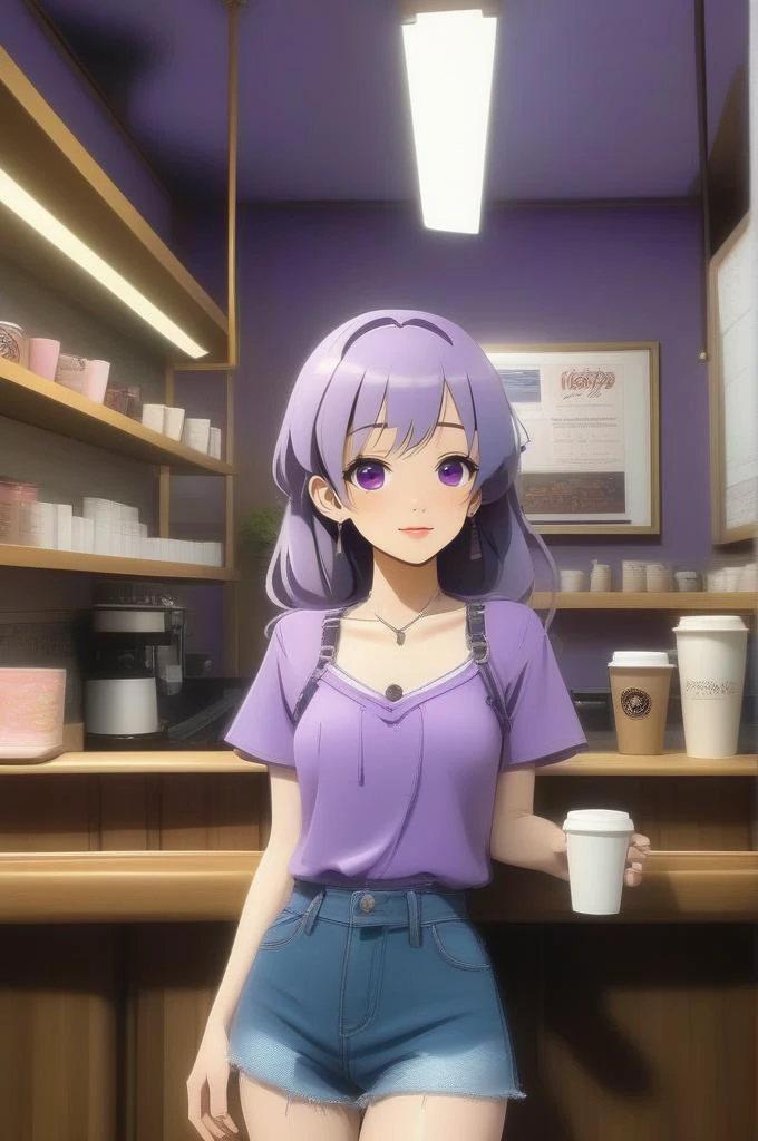 (masterpiece,best quality:1.5),ultra realistic,32k,RAW photo,(high detailed skin:1.2), 8k uhd, dslr, soft lighting, high quality, film grain,Reflected light ,(ðï¸),ð¸,ð, ( electric purple short denim , buttoned shirt ) ,((winter day )),collarbone, cleavage, eardrop,lady ,long hair,necklace ,(large breast),(sexy:1.3),(lewd),coffee shop, anime